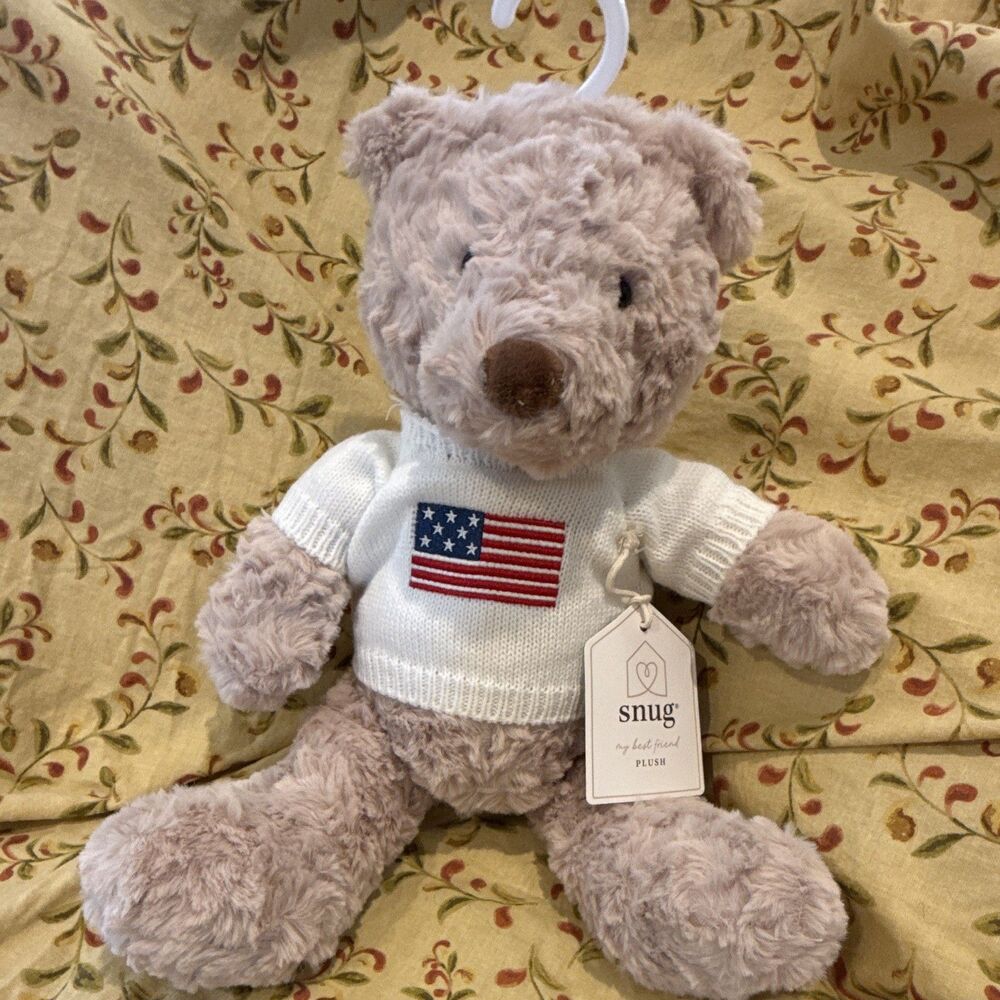 NWT Snug Plush Patriotic Teddy Bear White American Flag Knit Sweater 14 In